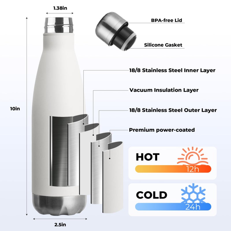 MEWAY 17oz Sport Water Bottle 8 Pack Vacuum Insulated Stainless Steel Sport Bottle Leak-Proof Double Wall Cola Shape, Keep Drinks Hot & Cold (White, 8 Pack) - Image 2
